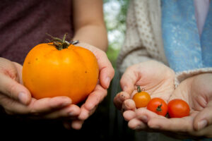Students holding fresh, grown food