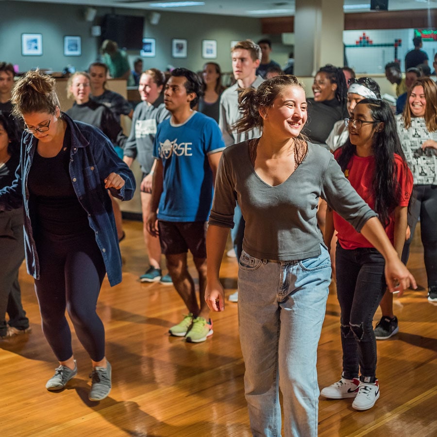 Luther students participating in a line dance class