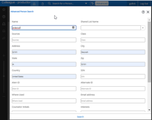 A colleague webform that shows multiple fields for searching people records.