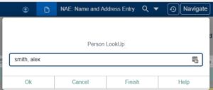 A colleague popup called "Person LookUp" asking for a persons name. "smith, alex" is entered.