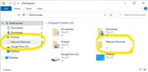 A Windows File Explorer window with "Network Shortcuts" selected from the Quick Access section of the sidebar.