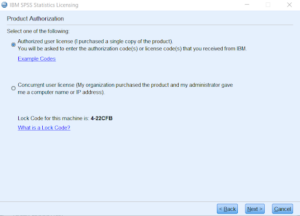 SPSS statistics licensing autorization wizard. There are two options "Concurrent" and "Authorized user". Authorized is selected.