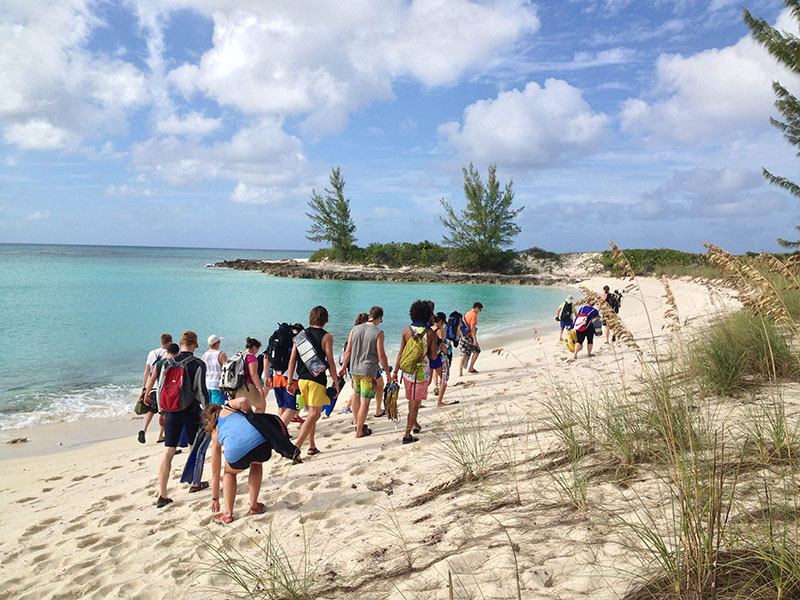 Luther students walking down a beach