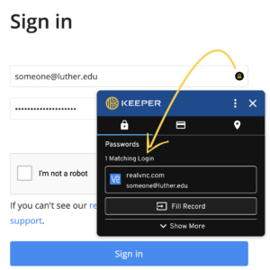 A screenshot of a login window and the keeper-popup that helps fill relevant credentials. The username file has a black and yellow padlock icon that triggers the popup, which lists a matching record and option to "fill record"