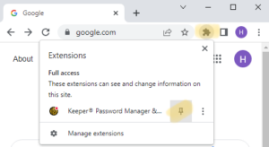 A google chrome window with the Extensions menu unfolded. The menu is denoted by a puzzle-piece icon in the upper right of the screen. The menu contains the Keeper extension, and a push-pin icon that toggles whether the extension is shown in the primary user interface at all times.