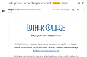An email from Keeper Team, inviting the recipient to create an account.