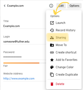 The unfolded "options" menu inside a Keeper record. The option button is in the upper right. The image highlights the "sharing" option within that dropdown menu.
