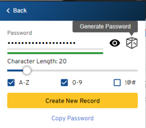 The Keeper password generation popup, with a dice button to generate a new random password, a slider to control length, and checkboxes to constrain by character type. There is a yellow "create new record" button at bottom.