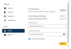 The settings window from the Keeper App. The "import" section is selected from the left side-bar, and the user has filled in their username and password in the "import from a password manager" section at right.
