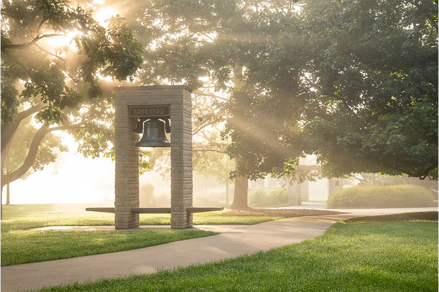 The Luther bell backlit by an intense golden sunlight