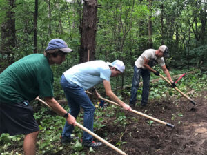 Photo of three Luther athletes working with hand tools to maintain a forested trails