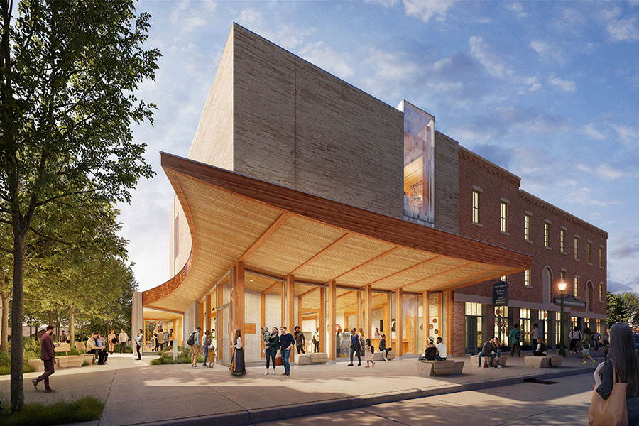A building with a large wooden overhang and floor-to-ceiling windows