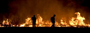 Workers monitoring a prescribed prairie burn