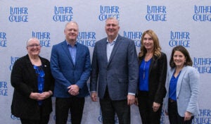 From left to right: Luther College President Jenifer K. Ward, Mike Gerdin, former Luther College Basketball Coach Jeff Olinger, Athletic Director Renae Hartl and Luther Vice President for Development Mary Duvall.