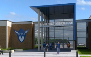 An artist’s rendering of the entrance to the Gerdin Fieldhouse for Athletics and Wellness 