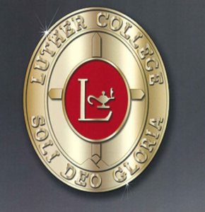 Gold and red Luther College nursing pin