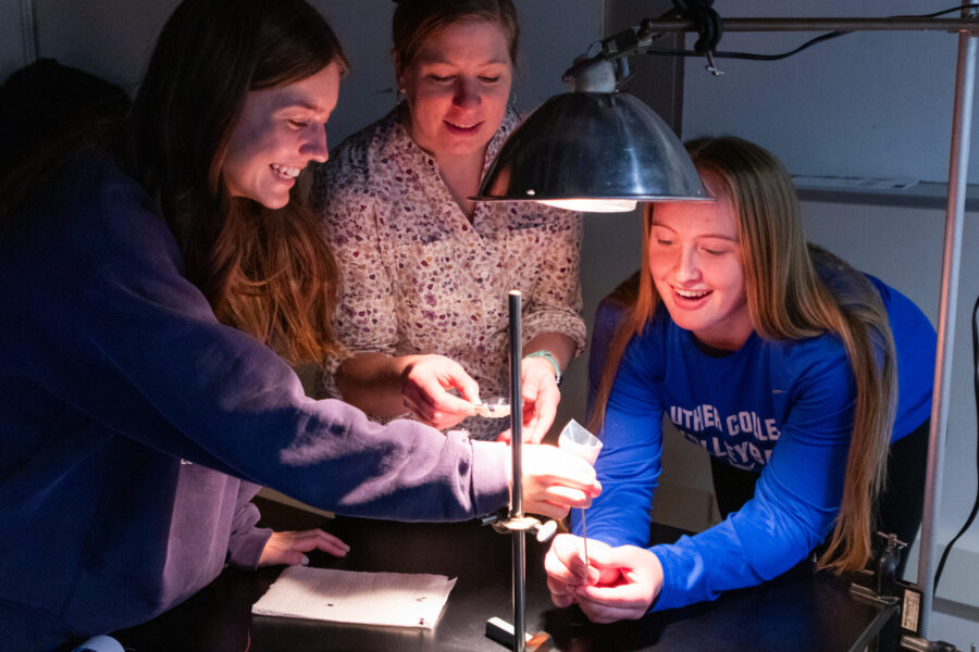 A group of three women leaning over a table lit by an overhead lamp