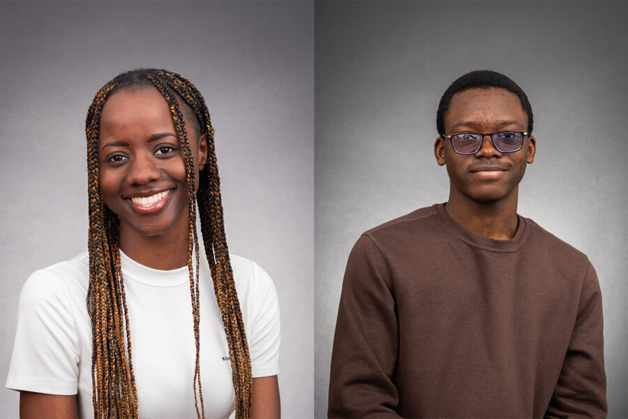 Esther Bitijula head shot on the right and Mansur Kasali Headhot on the left. Both against a gray background.