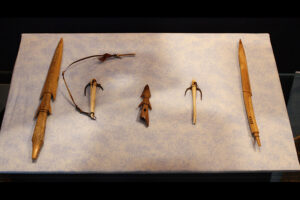 From left to right: Harpoon head (Alaska, E174), fishing hook (Alaska, E230), small harpoon head (Alaska, E175), fishing hook (E682), and harpoon head (Alaska, E229)