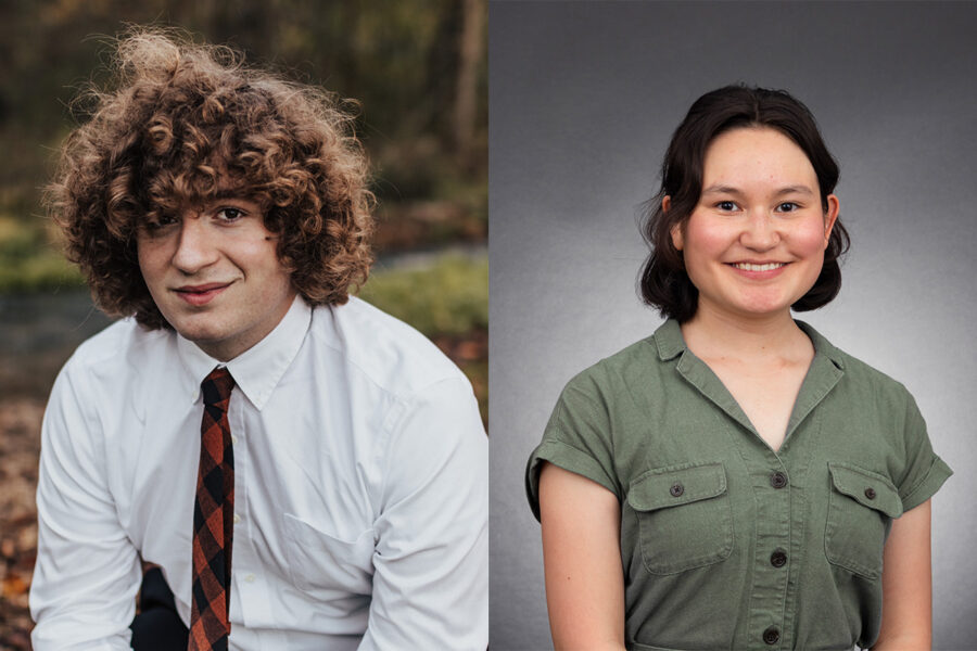 Split portrait of Robert Clower in a shirt and tie and Amy in an olive green shirt.