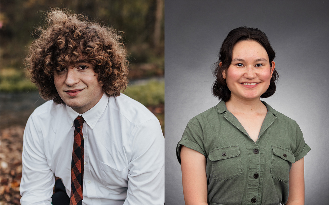 Split portrait of Robert Clower in a shirt and tie and Amy in an olive green shirt.