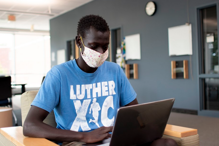 student studies on his computer in Sampson Hoffland study area