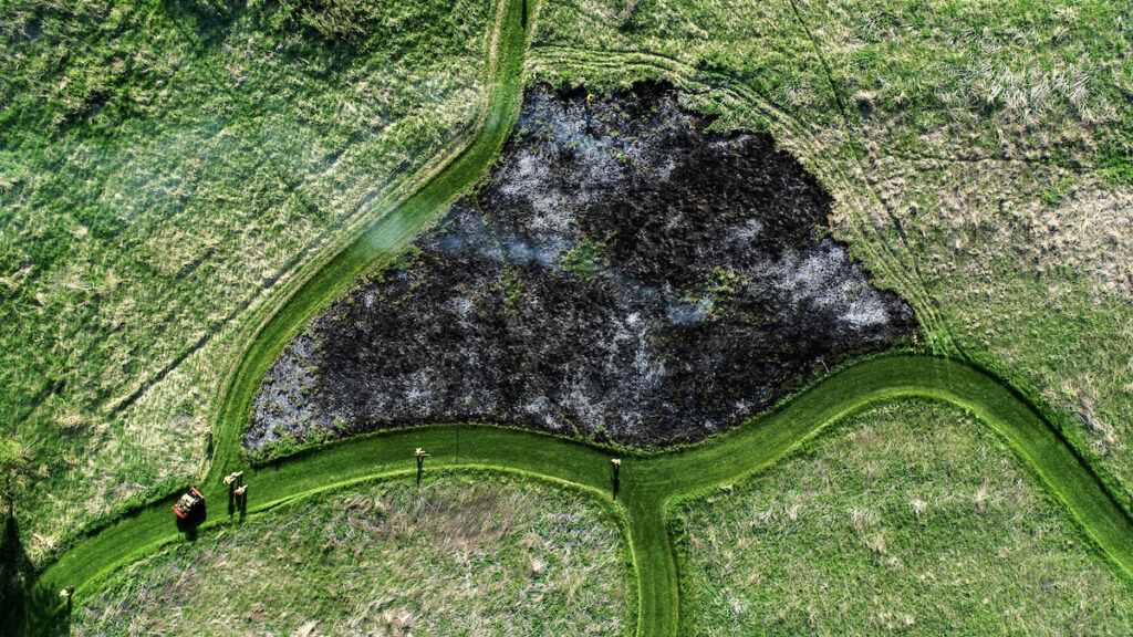 A section of prairie with smoke rising from the earth after a controlled burn. 