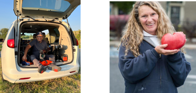 Images of a man in the back of a station wagon with the hatch up, and of a woman holding a large tomato