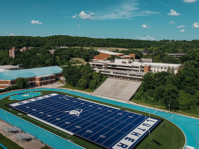 Aerial view of Luther football field and Union
