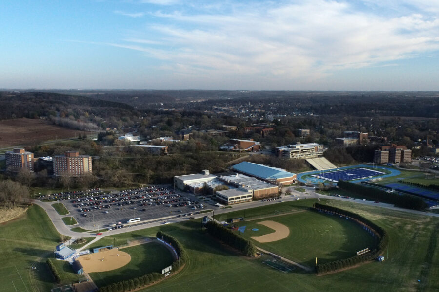 Aerial view of Luther with athletic facilities and fields