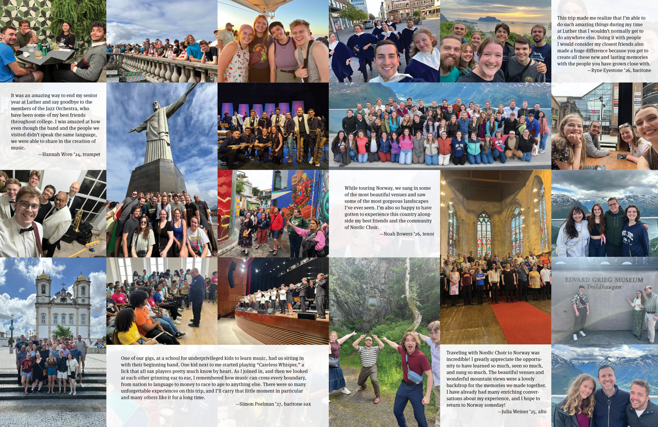 A photo collage of college students visiting Brazil and Norway