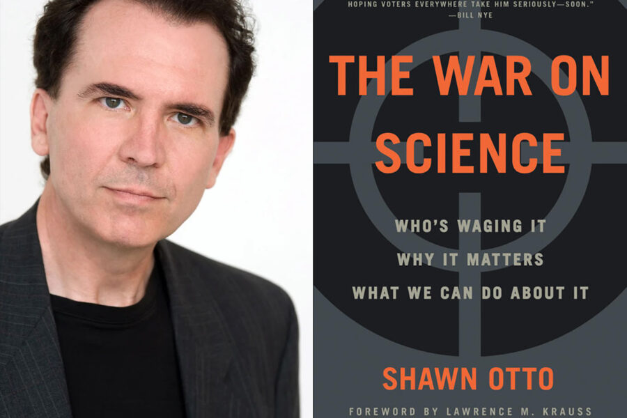 Shawn Otto headshot and War on Science book cover