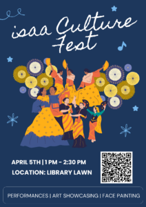 Image of poster advertising ISAA Cultural Fest, Blue poster with cartoon people looking festive in yellow and orange clothing