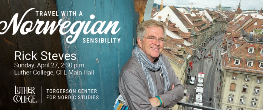 Informational Header about Rick Steves evetns that lists pertinent info like date and location, with an image of Rick leaning against a pillar. 