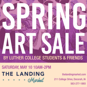 Poster advertising an art sale at the Landing Market. Rose colored with white text.