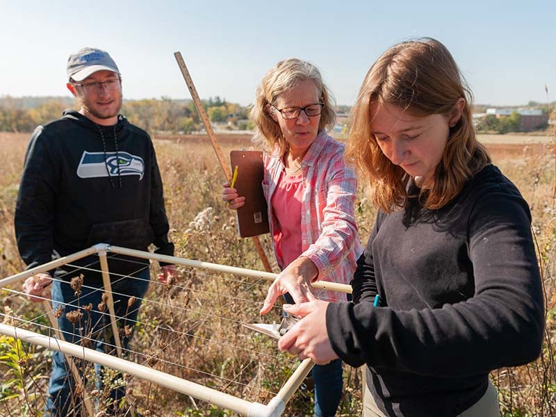 Two students and a professor work together measuring a prairie plot