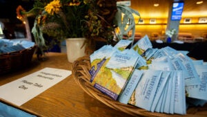 a donation basket filled with seed packets sits on a table in the CFL lobby