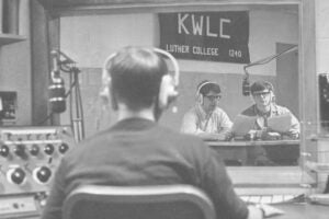 inside the control room of a college campus radio station