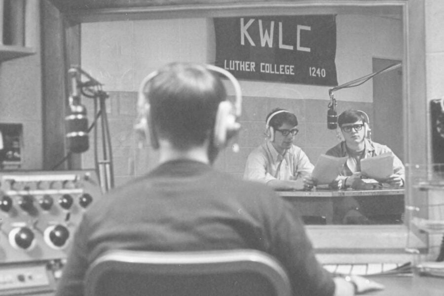 inside the control room of a college campus radio station