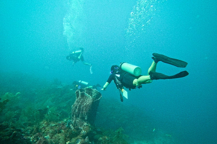 Three underwater scuba divers in aquamarine water
