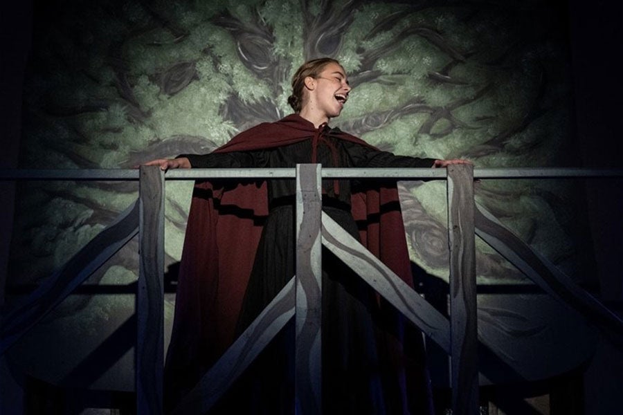 A woman in a cape in front of a stage background featuring a painted tree