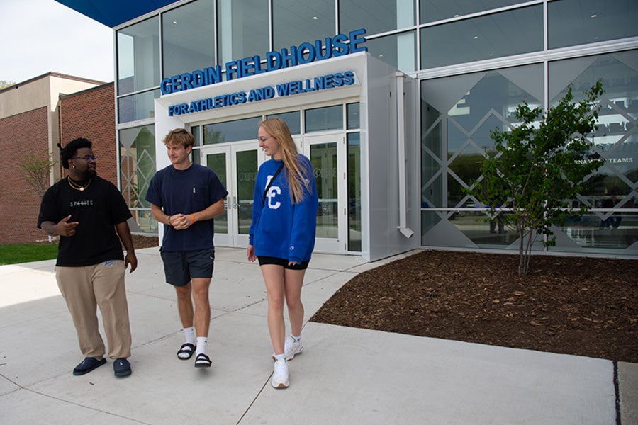 Students in front of the Gerdin Fieldhouse for Athletics and Wellness