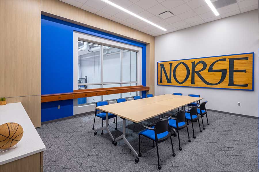 A conference room with a large window