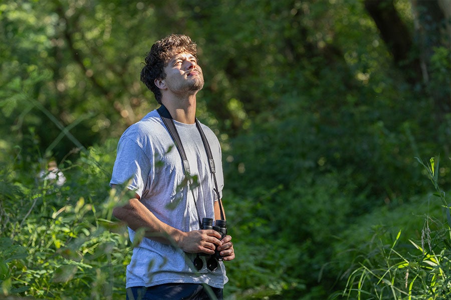 A young man holding binoculars and looking at treetops