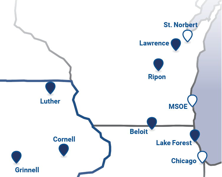 A map of Wisconsin, Illinois, and Iowa with dots on it
