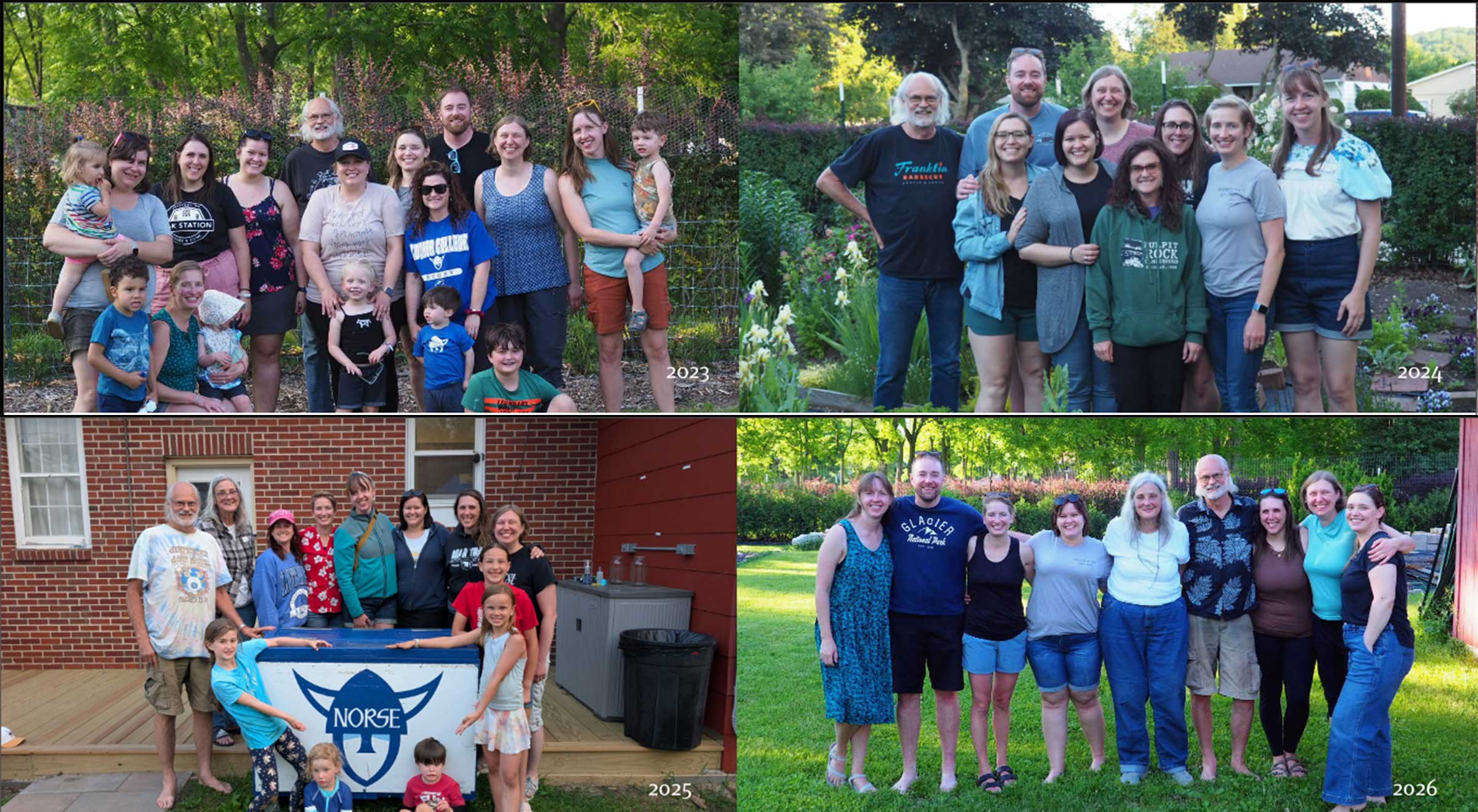 A photo collage of four photos showing a group of between 9 and 18 people