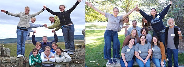 Two photos side by side showing a group of ten people in 2007 recreating the same scene in 2022