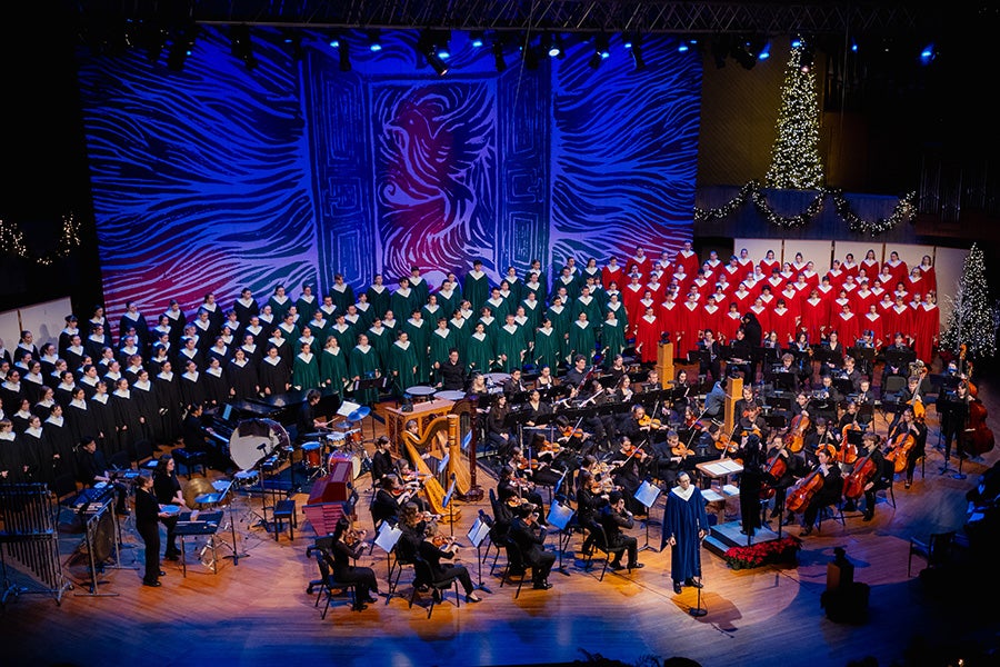 Choirs and orchestra on stage for Christmas at Luther